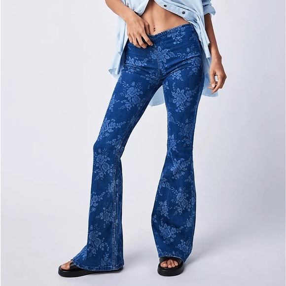 Free People Pants - Free People Indigo Floral Flare Pants